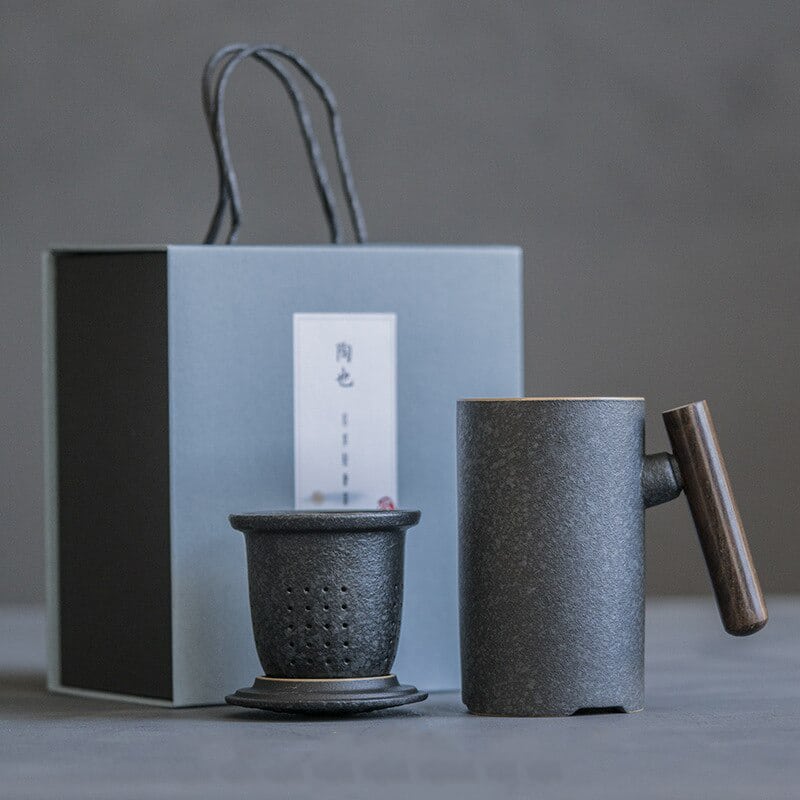 Tasse à thé Japonaise - Tasse en céramique avec infuseur et Couvercle - Prise en main sans risque de brulures grâce à l'isolation thermique - 300ml 13x7cm_1