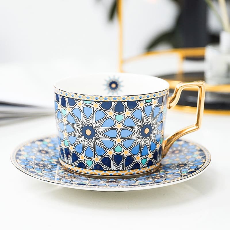 Ensemble de tasse à thé marocaine de luxe avec manche en or 250 ml Etoile bleue