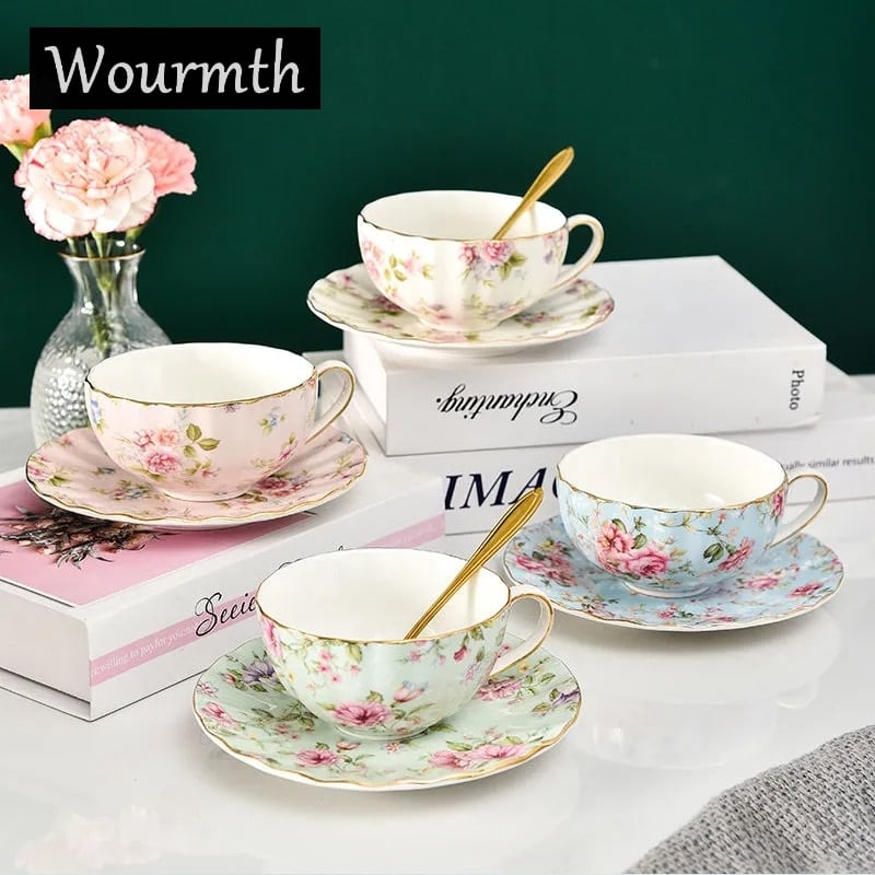 Luxueuse tasse à thé à fleurs bord doré style anglais_1