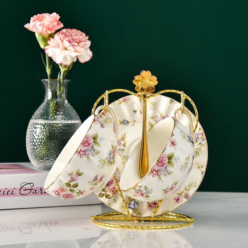 Luxueuse tasse à thé à fleurs bord doré style anglais_2