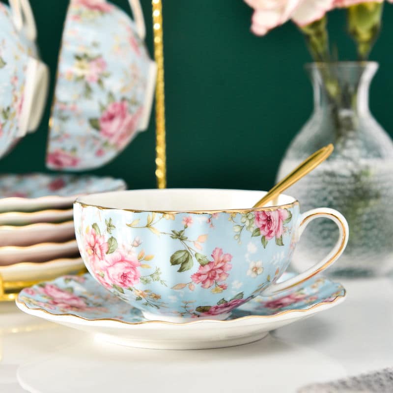 Luxueuse tasse à thé à fleurs bord doré style anglais 220ml Bleu