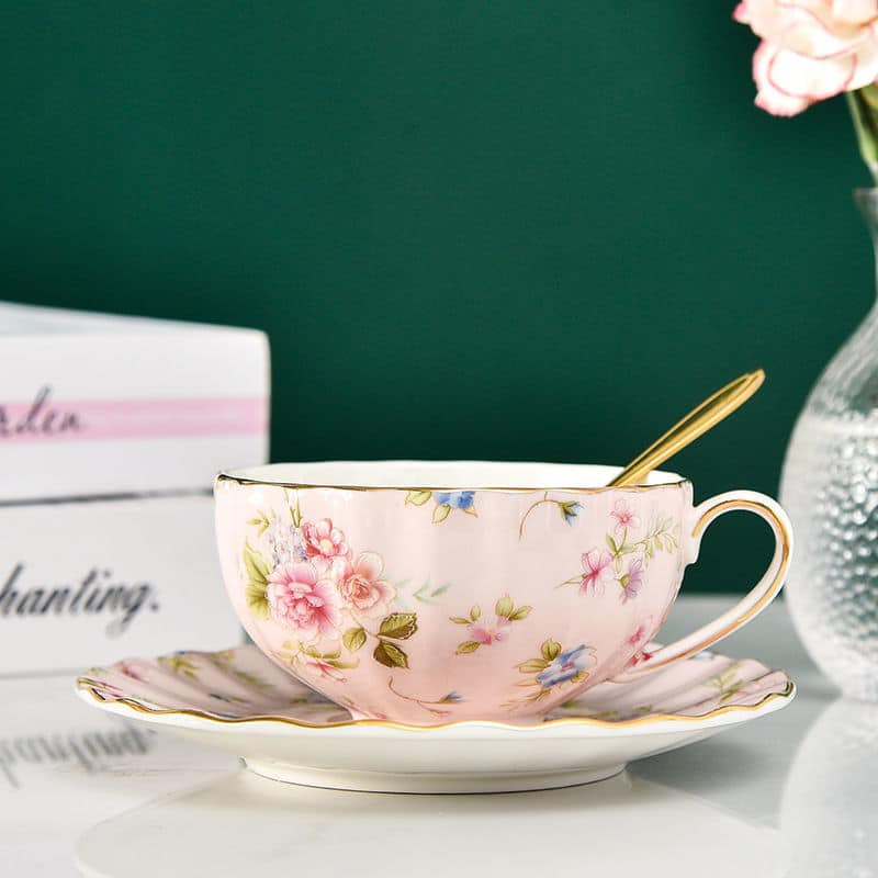 Luxueuse tasse à thé à fleurs bord doré style anglais 220ml Rose