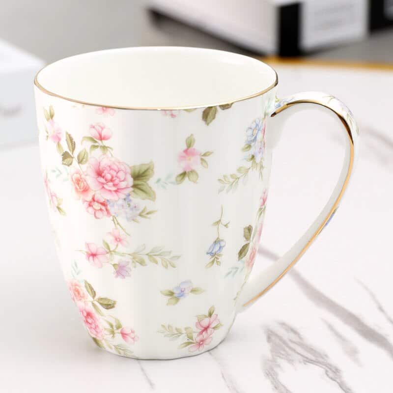Luxueuse tasse à thé à fleurs bord doré style anglais 400ml Mug Blanc 1