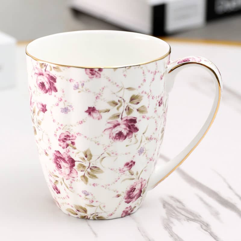 Luxueuse tasse à thé à fleurs bord doré style anglais 400ml Mug Blanc 2