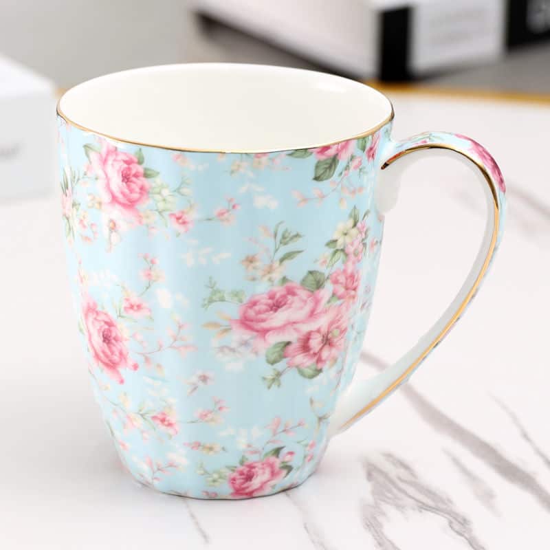 Luxueuse tasse à thé à fleurs bord doré style anglais 400ml Mug bleu