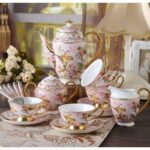 Tasse à thé anglaise en céramique rose oiseau décoration dorée_10