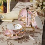 Tasse à thé anglaise en céramique rose oiseau décoration dorée_11