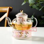 Tasse à thé anglaise en céramique rose oiseau décoration dorée_12