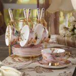 Tasse à thé anglaise en céramique rose oiseau décoration dorée_15