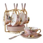 Tasse à thé anglaise en céramique rose oiseau décoration dorée_17
