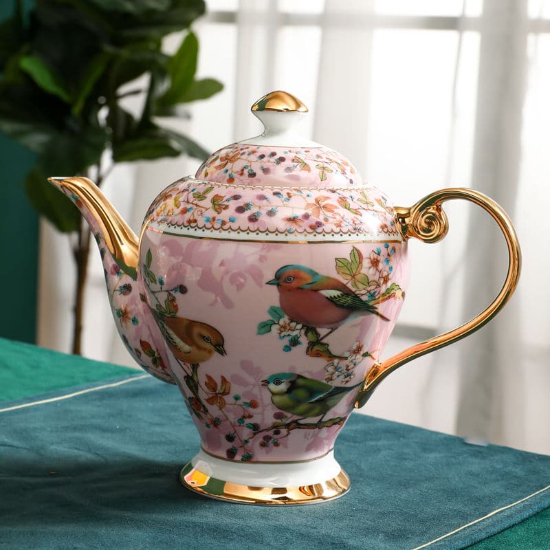 Tasse à thé anglaise en céramique rose oiseau décoration dorée_3
