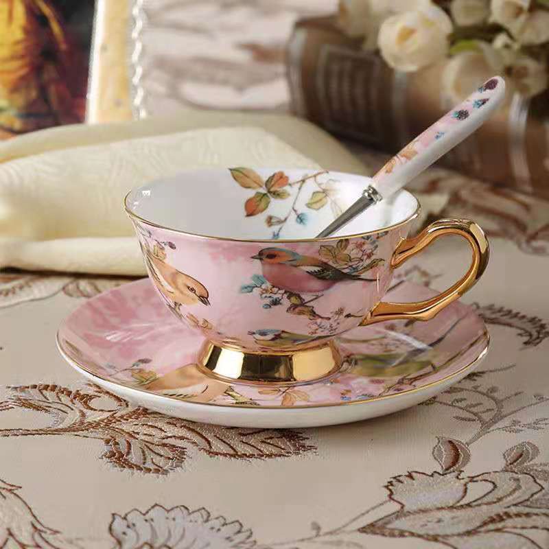 Tasse à thé anglaise en céramique rose oiseau décoration dorée Set 3 pièces