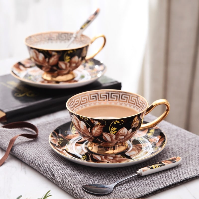 Tasse à thé créative anglaise avec soucoupe en Magnolia noir_1