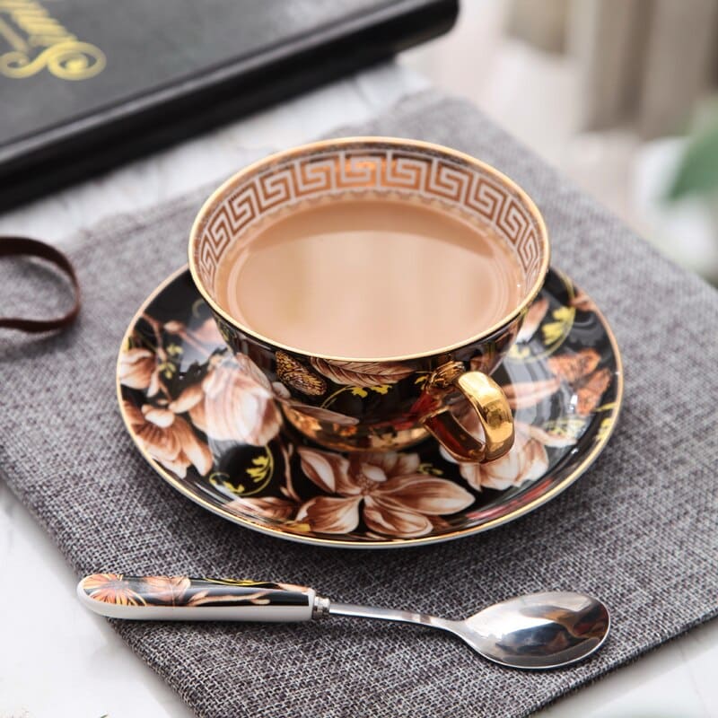 Tasse à thé créative anglaise avec soucoupe en Magnolia noir_2