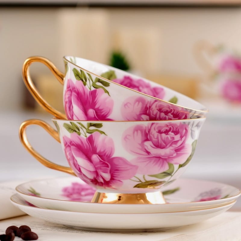 Tasse à thé en céramique style anglais motif fleurs colorées_1